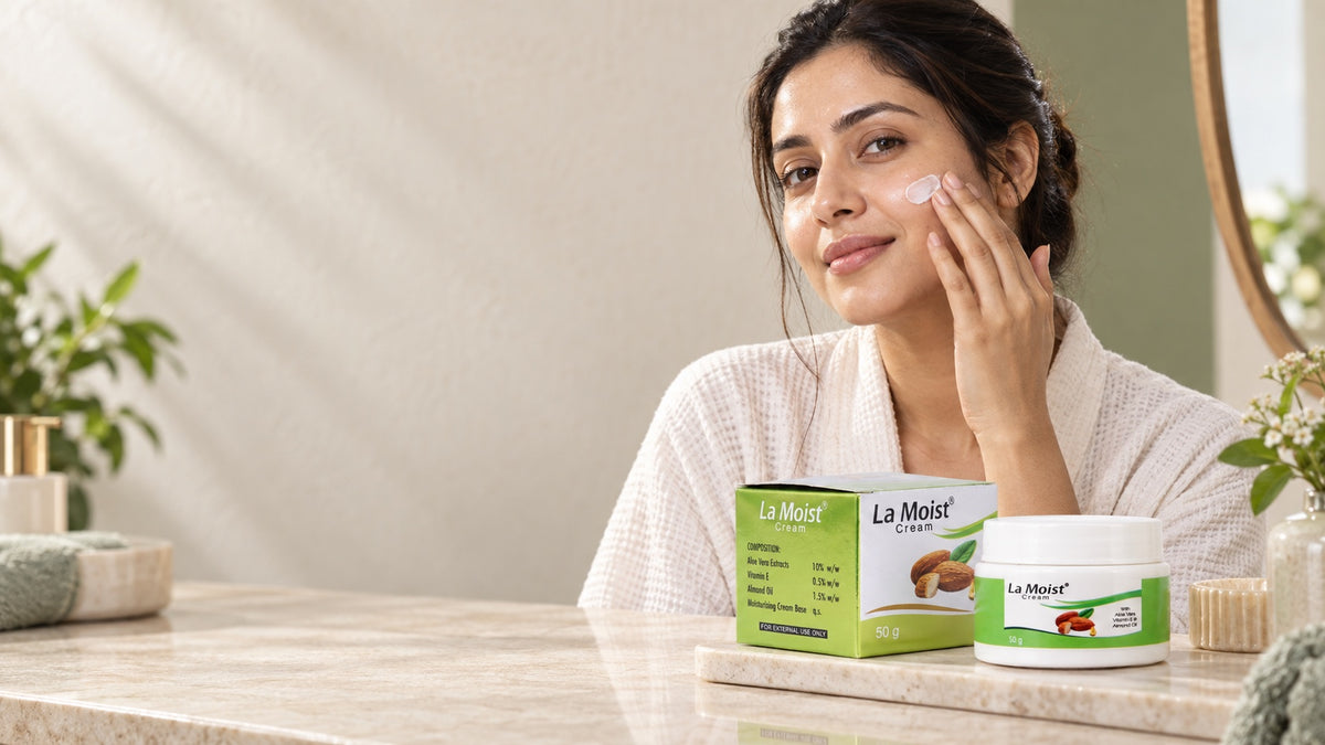 Indian woman applying La Moist Cream beside the real La Moist product
